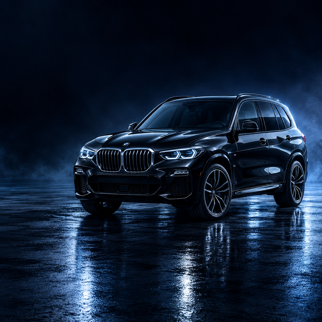 Black luxury SUV on a reflective studio floor