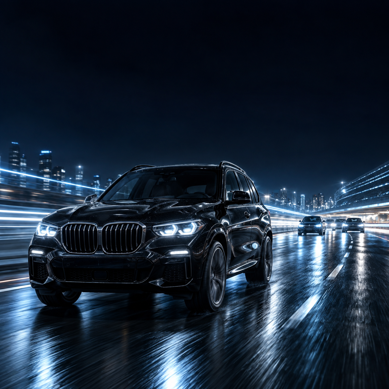Black luxury SUV ahead of other vehicles on a night road