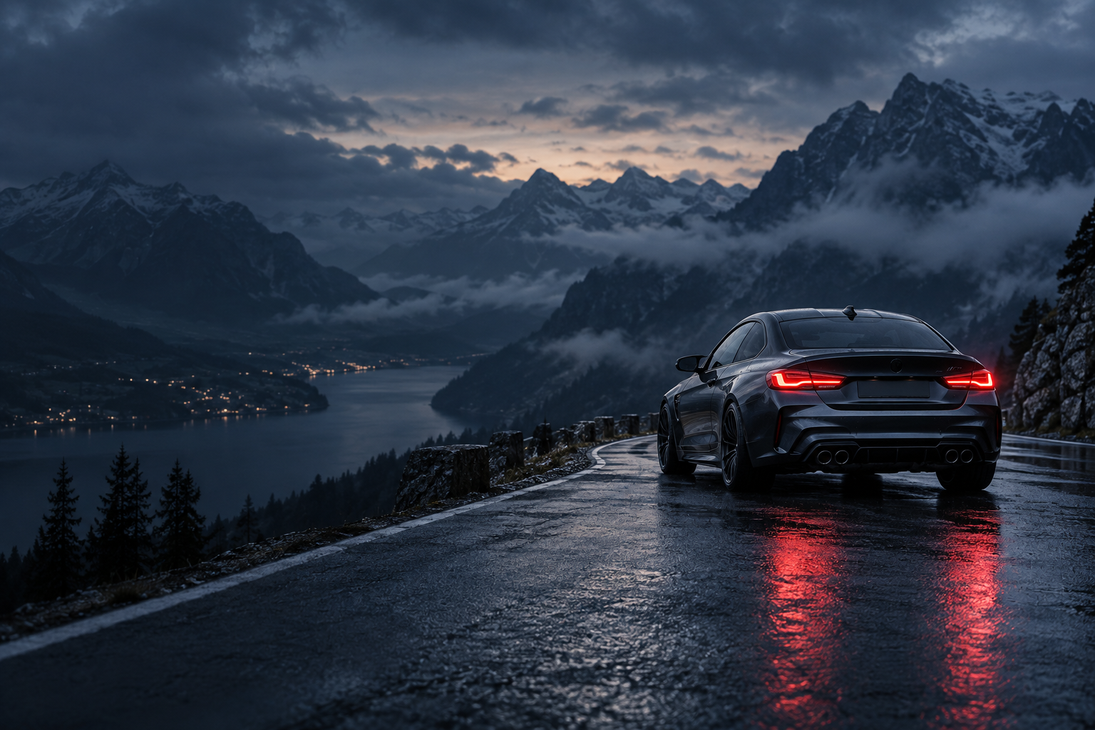 Performance coupe driving along a mountain road at dusk